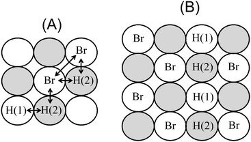 (A) Example of a configuration of hydrogen and bromide coadsorbed on a 3 × 3 lattice. The adsorption sites of the sublattices (1) and (2) are depicted as white and gray spheres, respectively. Hydrogen adsorbed on sublattices (1) and (2) are labeled H(1) and H(2), respectively. Arrows indicate the interactions included in the model. (B) Example of the adsorption of a row of hydrogen species at the boundary of bromide c(2 × 2) domains.