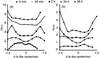 Maximum absorption of the PdII d–d transition band measured with UV-Vis micro-spectroscopy as a function of position inside the pellet and time after impregnation of solution (a) A6 and (b) B6.