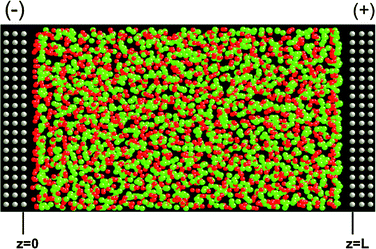 A representative configuration of the system comprising atomically flat conductive electrodes and LiCl electrolyte. The grey, green and red spheres are the electrode atoms, Cl− and Li+ ions, respectively. The shown system is at ΔV = 10 V and 900 K. The minus and plus signs indicate the negative and positive electrodes, respectively.