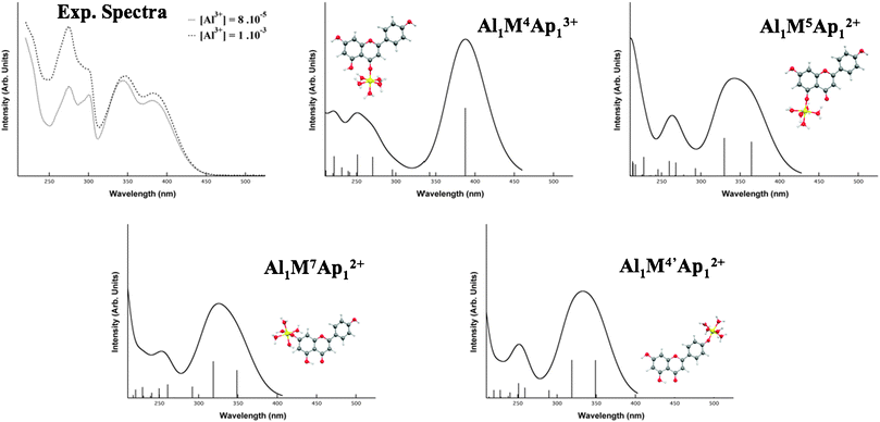 Experimental spectra at [Al3+] = 8 × 10−5 and 1 × 10−3 and [Ap] = 1 × 10−5 mol dm−3 from ref. 8 (dotted line). Theoretical spectra (solid line) of Al1M4Ap13+, Al1M5Ap12+, Al1M7Ap12+ and Al1M4′Ap12+.
