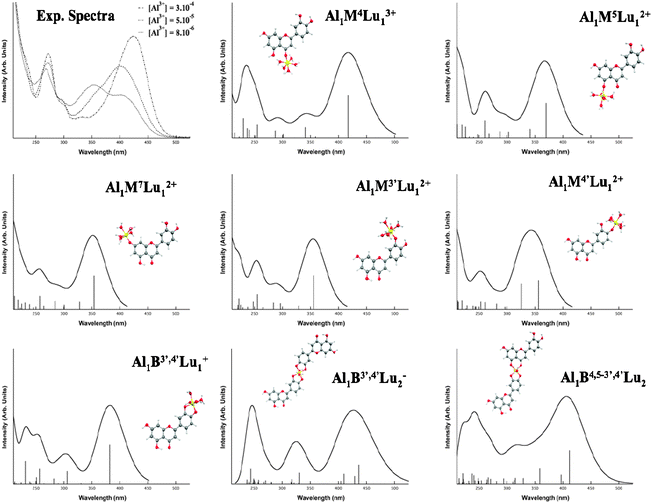 Experimental spectra at [Al3+] = 8 ×10−6, 5 × 10−5 and 3 × 10−4 and [Lu] = 2.7 × 10−5 mol dm−3 (dotted line) from ref. 8. Theoretical spectra (solid line) of Al1M4Lu13+, Al1M5Lu12+, Al1M7Lu12+, Al1M3′Lu12+, Al1M4′Lu12+, Al1B3′,4′Lu2−, Al1B3′,4′Lu1+ and Al1B4.5−3′,4′Lu2 complexes.