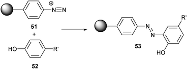 Reaction between tyrosines and a diazonium functionalized bead.