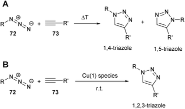 (A) Thermally induced cycloaddition between azides and alkynes; (B) regioselective copper-catalyzed azide–alkyne Huisgen 1,3-dipolar cycloaddition.