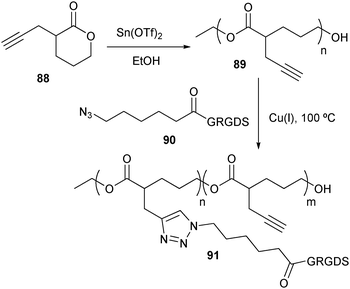 Side chain functionalization of a polyester with an oligopeptide using CuAAC.