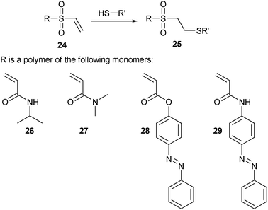 Cysteine conjugation using vinyl sulfone, together with some examples of the polymers employed.