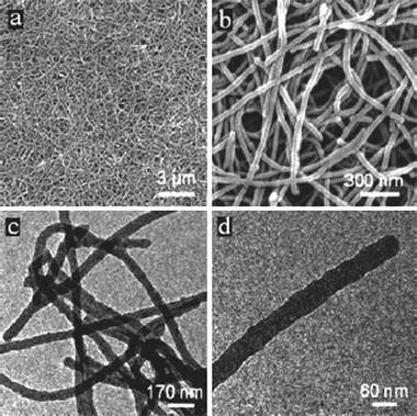 (a) A general view of the nanofibers and (b) an enlarged SEM image. (c)–(d) TEM images of the nanofibers. Reproduced from ref. 14 with the kind permission of the American Chemical Society.