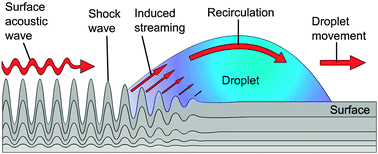 Surface acoustic wave (SAW) (according to Tan et al.274). The shock waves induce a stream on the solid–liquid interface and lead finally to a movement of the droplet (amplitude of acoustic wave not to scale).