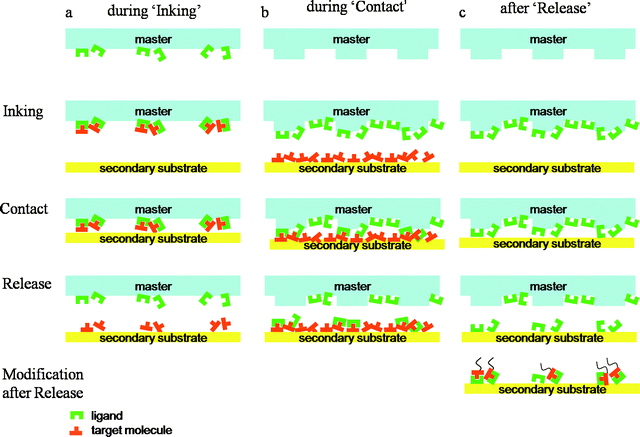 Schematic illustration of supramolecular interactions that take place (a) during inking, (b) during contact, and (c) after release. The common steps of contact-based methods are indicated on the left (inking, contact and release).