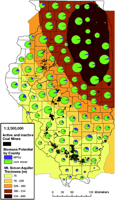 Illinois' coal, saline aquifer, and potential biomass resources. Total state biomass potential is apportioned by county according to fraction of corn production and CRP acreage in each. Information on the Mt. Simon aquifer is based on maps provided in 2007 by the Midwest Geological Sequestration Consortium.36