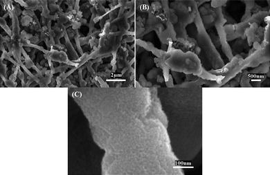 SEM images of Si/CNFs (85/15) after 40 charge/discharge cycles at a constant current density of 500 mA g−1.