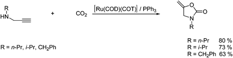 Synthesis of a cyclic carbamate from CO2 reaction with a N-substituted terminal propargylamine.