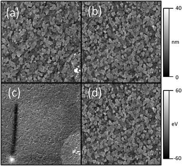 AFM topography images of (a) ITO and (b) ITO/MoO3 (x = 50 Å). Corresponding KP-AFM images of (c) ITO and (d) ITO/MoO3 (x = 50 Å). The topography images are both on a 0–40 nm scale. The KP-AFM images are on a −60 mV to 60 mV deviation from the average work function scale. All images have lateral dimension of 5 μm by 5 μm.
