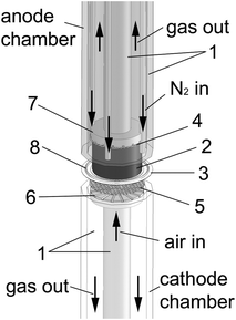 Schematic drawing of the cell. (1) aluminium oxide tubes; (2) carbon pellet; (3) YSZ electrolyte; (4) current collector mesh (Ni); (5) current collector mesh (Pt); (6) cathode flow field; (7) anode flow field; (8) gold wire.