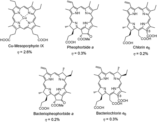 Molecular structures of derivatives of natural pigments related to photosynthesis for DSSC's sensitizers.