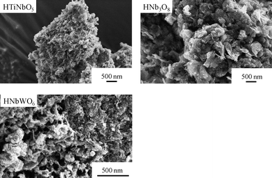 SEM images of aggregated HTiNbO5, HNb3O8 and HNbWO6 nanosheets.