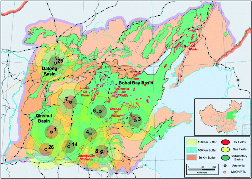 Mega-CO2 sources and potential sinks in the Huabei Region. Numbers refer to specific CO2 stream sources (see Appendix A).