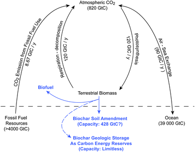 The global carbon cycle and envisioned “carbon-negative” biomass-pyrolysis energy technology concept for biofuel and biochar production, and carbon dioxide capture and sequestration.