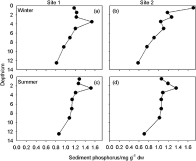 Average concentrations of total phosphorus (TP) in the sediments of Llangorse Lake, expressed as mg P per gram dry weight of sediment on 16/1/2007 (a, b) and 19/7/2007 (c, d).