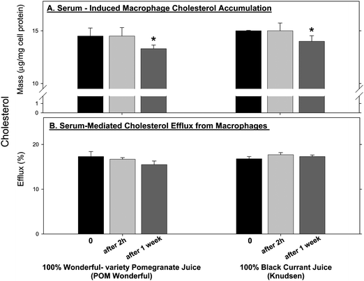 The effect of pomegranate juice and black currant juice consumption by healthy subjects on serum-induced cholesterol accumulation in J774A.1 macrophages. J774A.1 macrophages were incubated with 20 μL/mL of the above serum samples for 20 h at 37 °C. (A) The cellular total cholesterol content was then determined in the cells' lipid extract. (B) The extent of serum-mediated cholesterol efflux from the cells was determined as described in the Methods section. Results are expressed as mean ± SEM. *p <0.05 vs. 0 time.