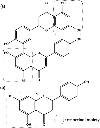 Chemical structures of amentoflavone (a) and naringenin (b).