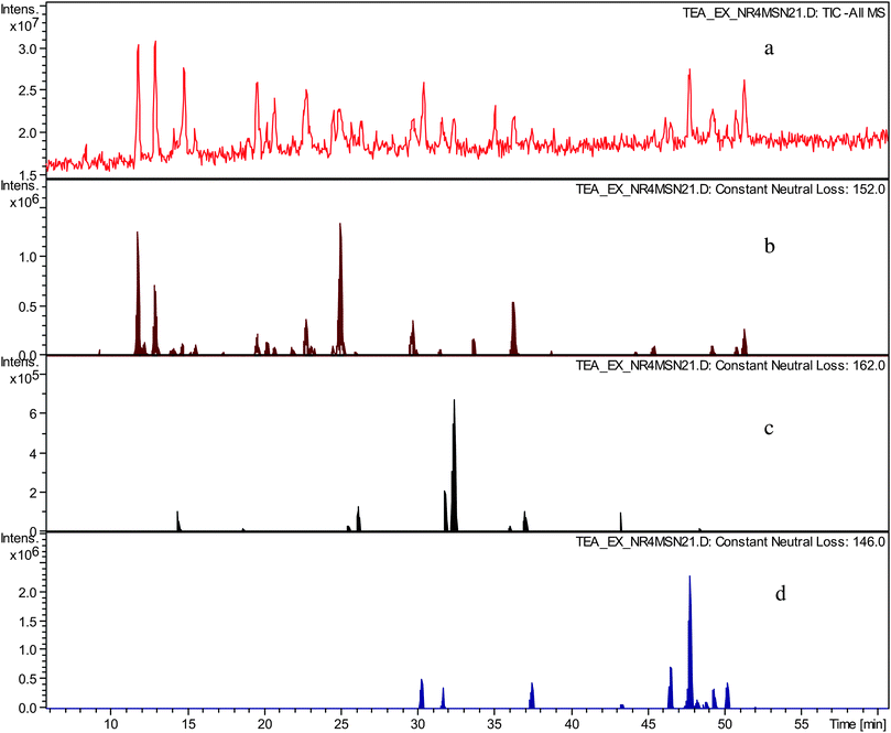 a) TIC in negative ion mode of sample TR VI, b) constant neutral loss chromatogram of neutral loss at m/z 152 (gallate), c) constant neutral loss chromatogram of neutral loss at m/z 162 (hexose), d) constant neutral loss chromatogram of neutral loss at m/z 146 (deoxy-hexose).