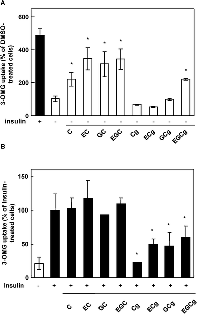 Effect of catechins on glucose uptake activity in the absence or presence of insulin in 3T3-L1 cells. The cells were treated with 50 μM catechins in the absence (A) or precsence (B) of insulin for 30 min. Values are calculated relative to DMSO-treated cells (A) or insulin-treated cells (B) and expressed as the means ± SE (n = 4). * Significant difference from the DMSO-treated cells (A) or insulin-treated cells (B), p < 0.05 by Student's t-test. C, Catechin; EC, epicatechin; GC, gallocatechin; EGC, epigallocatechin; Cg, catechin gallate; ECg, epicatecin; GCg, gallate gallocatechin gallate; and EGCg, epigallocatechin gallate.