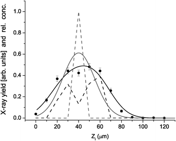 X-ray yield under pixel (39,16) versusZi (points) reproduced by model (black line) based on concentration distribution (dashed black). For comparison, the model result (gray line) for unit concentration in the cell centered at Zi = 40 µm (gray dash).