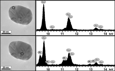 TEM images (left panel) corresponding to an individual FePt@Au core-shell nanoparticle from which various energy dispersion spectra (right panel) were acquired at different points. The Pt peaks (from FePt) are only visible at the particle centre.