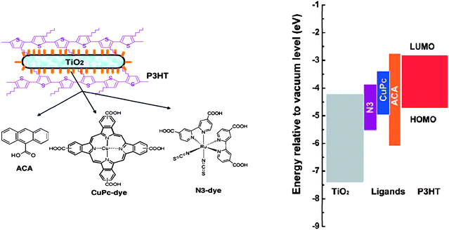 
            Left: Schematic representations of P3HT/TiO2 nanorod hybrid after interface modification and chemical structures of different interfacial molecules of ACA, CuPc-dye, and N3-dye molecules respectively. Right: The corresponding energy levels of the various materials. Reprinted with permission from ref. 141. © 2009 American Chemical Society.