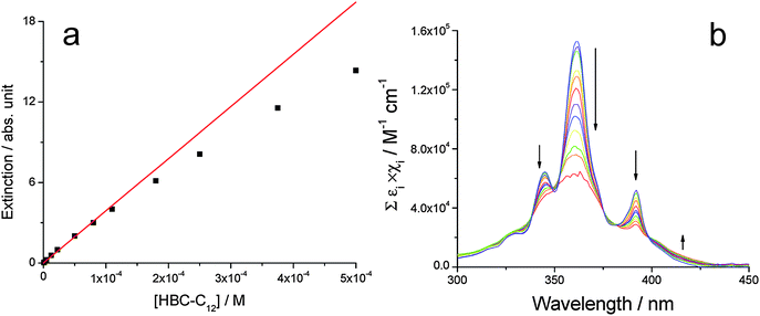 (a) Dots: extinction at 391 nm vs. concentration for HBC-C12. The red line, reported to highlight the deviation of this system from Beer's law, has been obtained considering only the first seven points for the linear fit. [HBC-C12] = 6 × 10−7 M to 5 × 10−4 M. Experimental extinction values have been corrected for optical path lengths. Fitting parameters: εHBC-C12 = (3.9 ± 0.1) × 104 M−1 cm−1 (λ = 391 nm); R2 = 0.999. (b) Normalized extinction spectra of the solutions relative to (a), experimental data having been divided for optical path length and HBC-C12 concentration.