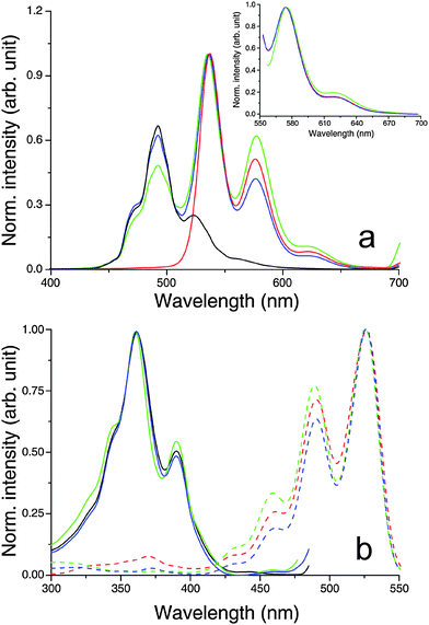Normalized fluorescence (a) emission and (b) excitation spectra of CHCl3 solutions of the systems under study, showing that the emission profiles of both concentrated and diluted blends are due to contributions from the isolated chromophores in equilibrium with the quenched BPF-PDI–HBC-C12 dimer. Experimental conditions: (black) 10 µM HBC-C12; (red) 10 µM BPF-PDI; (green) mix of 400 µM BPF-PDI and 400 µM HBC-C12, front-face geometry; (blue) mix of 5 µM BPF-PDI and 5 µM HBC-C12. (a) Excitation wavelengths: 352 nm, 550 nm (main and inset, respectively). (b) Emission wavelengths: 491 nm, 576 nm (solid and dashed lines, respectively).