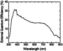 External quantum efficiency (EQE) as a function of wavelength of a device made from a blend of P1/PCBM (1:1 w:w).