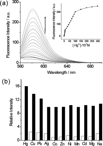 (a) Fluorescence spectra and the fluorescence titration profile (inset) of MMMs (0.02 g L−1) with increasing an concentration of Hg2+ ions in aqueous solution, and (b) the fluorescence intensity of MMMs (0.02 g L−1, 2 mL) in the presence of various interfering ions (white bars), and coexistence with Hg2+ ions (black bars) in aqueous solution. Excitation was at 540 nm, emission was monitored at 580 nm.