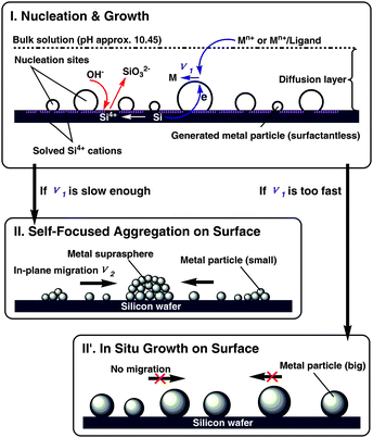 Schematic illustration of the formation mechanism of silicon-supported noble metal NP superstructures. (I) Nucleation and growth. The metal ions or metal–ligand precursors are nucleated on the surface by silicon reduction (the reaction rate is ν1), and simultaneously the SiO32− is generated and released into the weak basic solution. The two modes for the following process depending on the comparison between ν1 and aggregation speed ν2. (II) If ν1 is slow enough, metal supraspheres with a certain size and good monodispersity are finally formed. (II′) If ν1 is too fast, metal particles with larger size are finally formed.