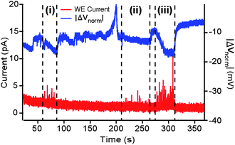 Exocytosis flow cytometry. Results for three separate cells flowing along the channel and crossing the WE in sequence are indicated at points marked i, ii, and iii respectively. Lower trace shows the working electrode current (red) and the upper trace shows the voltage drop (blue) recorded across the cell. Current spikes, corresponding to quantal release events, are detectable for all three cells, with a visible correlation between the spike intensity and the magnitude of (negative) change in ΔV across the cell.