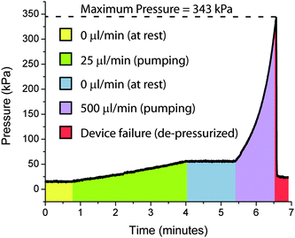 Gold Electrode EHP Pressure Testing. The maximum pressure testing involved pressurizing with an external pump and monitoring using a pressure sensor hooked to the pump outlet, to the point of device failure at 343 kPa.