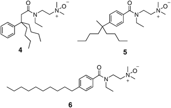 Chemical structures of tripod amphiphile 4 and isomeric amphiphiles 5 and 6, which have more classical architectures.