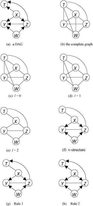 Given relations in the original DAG (a), the LPC-algorithm starts with a complete graph (b), then creates undirected graphs after 0-order CI tests (c), 1st-order CI tests (d), and 2nd-order CI tests (e) in the first phase, and infers directions (f)–(h) using the orientation rules in the second phase.