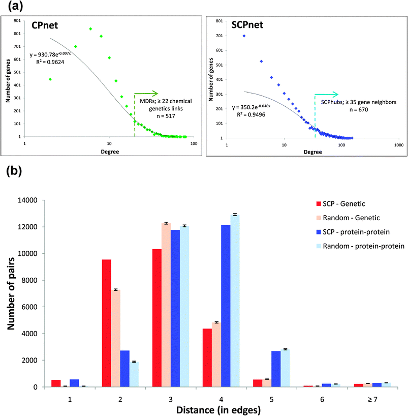 General structural properties of the CP and SCP networks. (a) Degree distribution of the CP (left, green) and SCP (right, blue) networks—both are best fit by exponential distributions. The cut-offs to define hubs are indicated in the figure. (b) We measured the distance between every SCPnet pair of genes (genes forming linked by an edge) in the genetic (red) and protein–protein (blue) interaction networks. Only 2.43% of the SCPnet edges are directly supported by PPIs or GIs. This fraction increases to 30% when one bridging node is allowed in the PPI or GI networks (d = 2). By using degree-preserving rewired replicates of the SCPnet (light-red and light-blue), we no longer observed this trend. These second-degree interactions are more frequent in the GI network, suggesting that SCPnet edges are likely to reflect gene interactions in common pathways, even without close physical interaction between their encoded proteins.