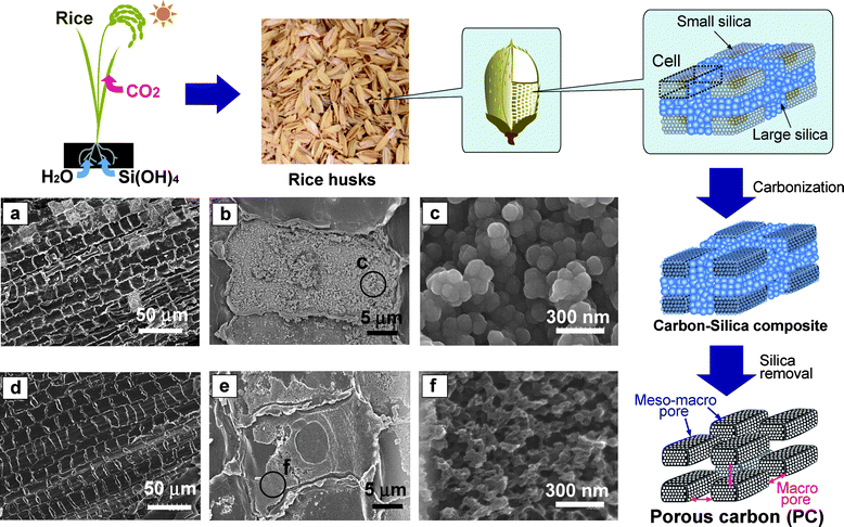 Preparation scheme for porous carbon (PC) from rice husk and SEM images of silica-carbon composites (a–c) and PC (d–f).