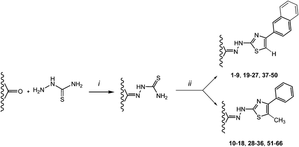 Reagents and conditions: (i) CH3COOH (cat.), 2-propanol, rt; (ii) α-bromo acetylnaphthalene or α-bromo propiophenone, 2-propanol, rt.