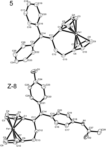 ORTEP diagrams of 5 and Z-8. Thermal ellipsoids shown at 50% probability. Hydrogen atoms and the acetonitrile molecule of solvation from Z-8·CH3CN have been omitted for clarity.