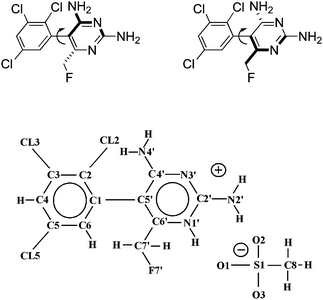(Top) Schematic chemical structure for the sterically hindered rotamers of I and II, respectively. (Bottom) General numbering scheme used for the enantiomeric compounds (R-form = BW202W92, S-form = BW203W92). Note that the pyrimidine ring is N1′-protonated in each of the mesylate acid addition salts.