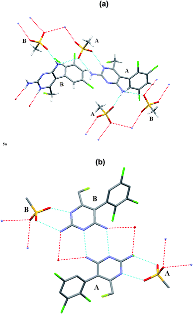 Intermolecular hydrogen-bonded network patterns for the component molecules in the crystal structures for (a) the R-enantiomer and (b) the S-enantiomer.