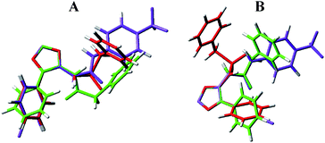 Overlay of the preferred conformations in vacuo (A) and solvent (B) of compounds I (violet), 2d (green) and 3d (red), obtained through rms fitting of the atoms of the oxadiazole ring.