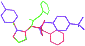 Superimposition of the crystal structures of I (violet), 2a (green) and 3a (red) achieved by overlaying the oxadiazole rings. Hydrogen atoms are omitted for the sake of clarity.