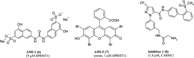 
            Arginine
            methyltransferase
            inhibitors obtained from random screening (IC50 value and corresponding enzyme in parentheses).