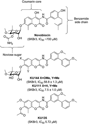 Structures of novobiocin, noviosylated analogues and KU135.7–10