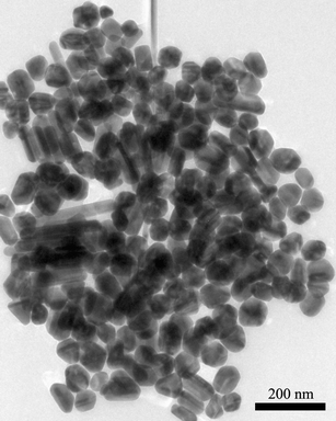 Transmission electron micrograph of silver nanoparticles (averaging 15 nm) produced by the reduction method.