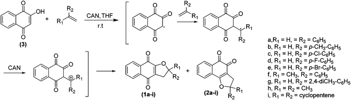 Synthetic route used for the preparation of α- and β-furan naphthoquinones, 1a–i and 2a–i, respectively.